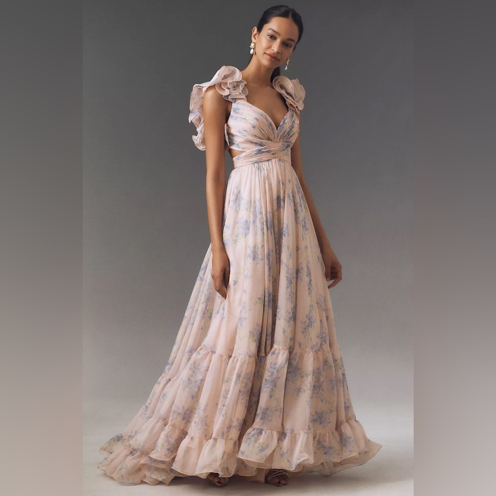 Mac Duggal Blush Pink Floral Maxi Gown with Ruffle Sleeves